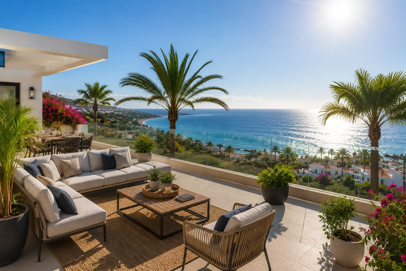 Sunlit terrace of a Gran Canaria apartment with sea and mountain views