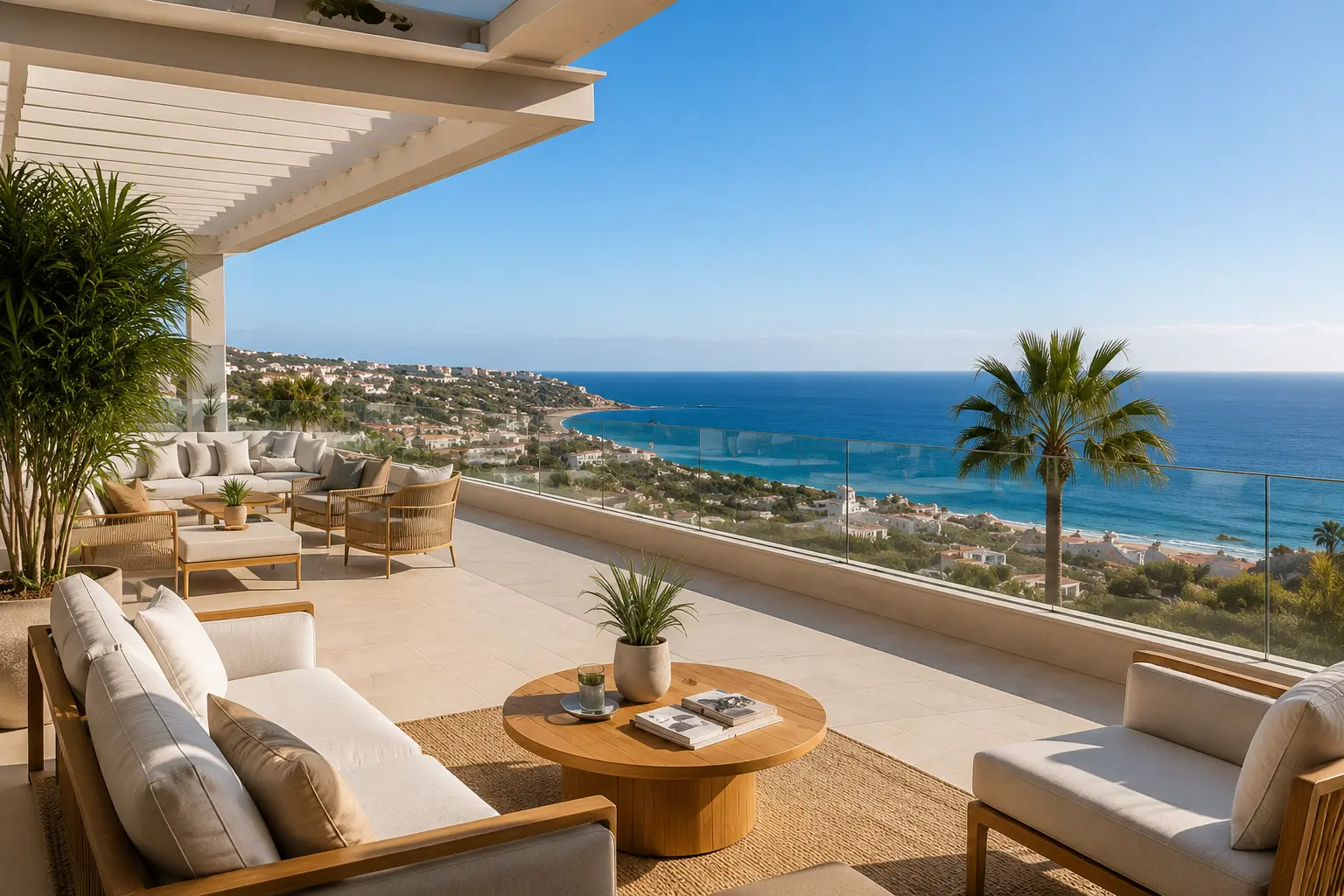 Sunlit terrace of a Gran Canaria apartment with sea and mountain views