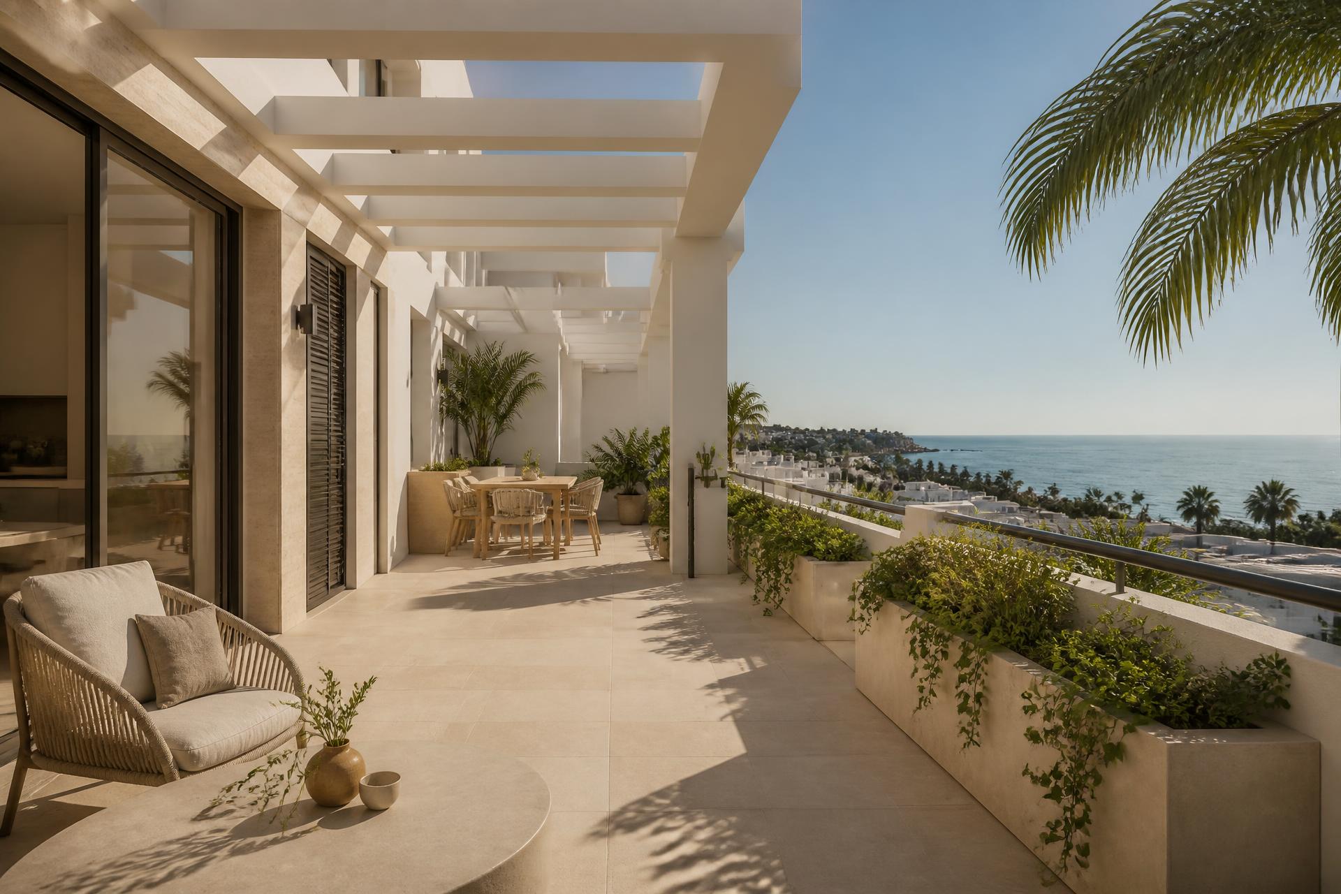 Terrace of a modern Gran Canaria property overlooking the Atlantic ocean